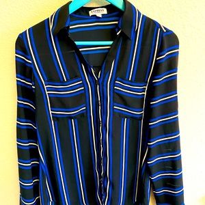 Express Portofino Black Blue Striped Button Down Shirt Women's Size S